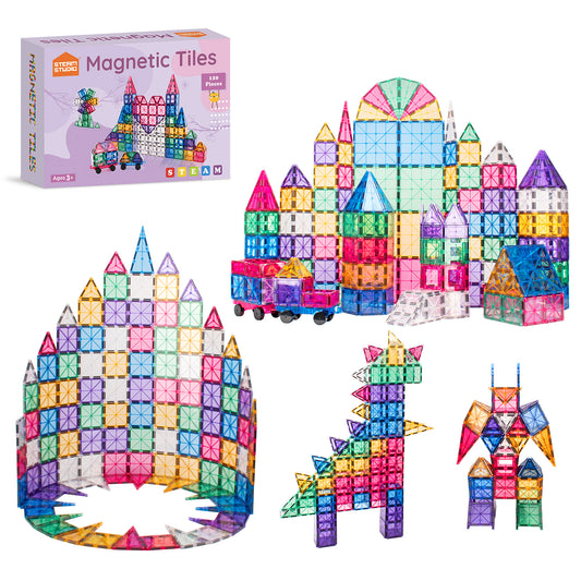 STEAM STUDIO Magnetic Tiles 120pcs PASTEL set, including 2 cars