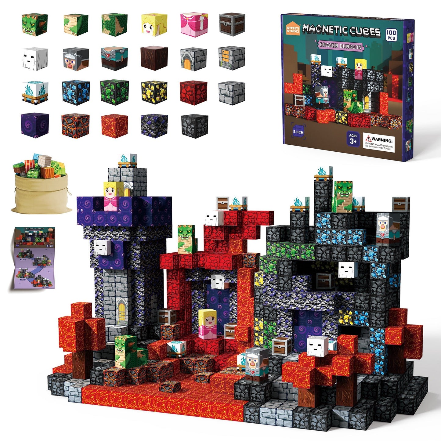 Magnetic Blocks 100 PCS Set - Dragon Dungeon Theme - Steam Studio Toys