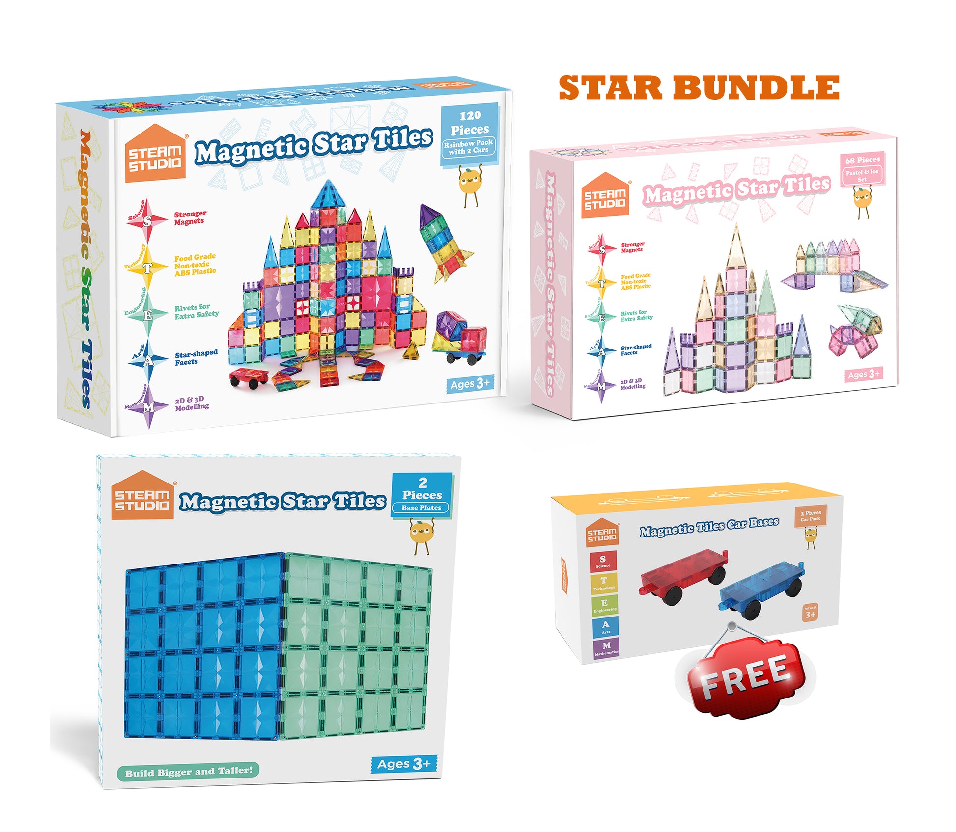 The Star Bundle (Rainbow+Pastel tiles and Baseplates - TOTAL 192 PCS) - STEAM STUDIO TOYS