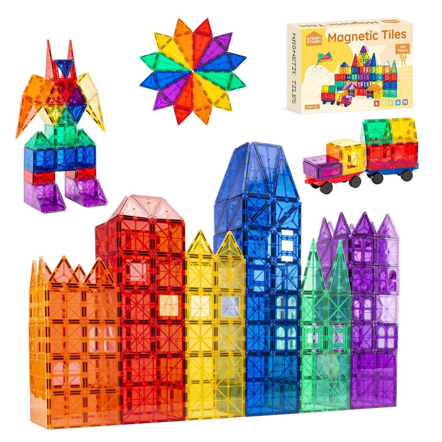 STEAM STUDIO Magnetic Tiles 120pcs set, including 2 cars - Steam Studio Toys