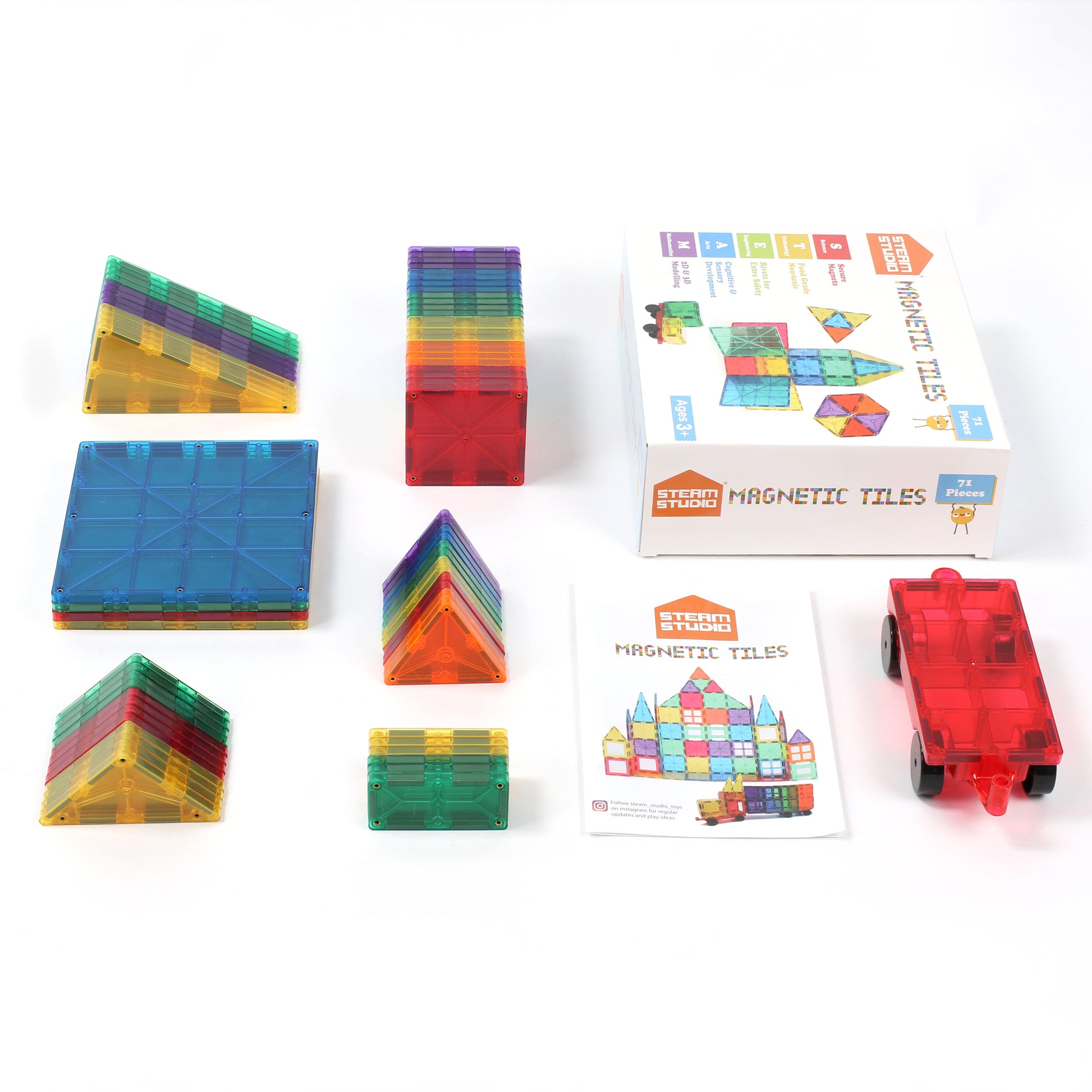STEAM STUDIO Magnetic Tiles 71pcs set, including 1 car - STEAM STUDIO TOYS