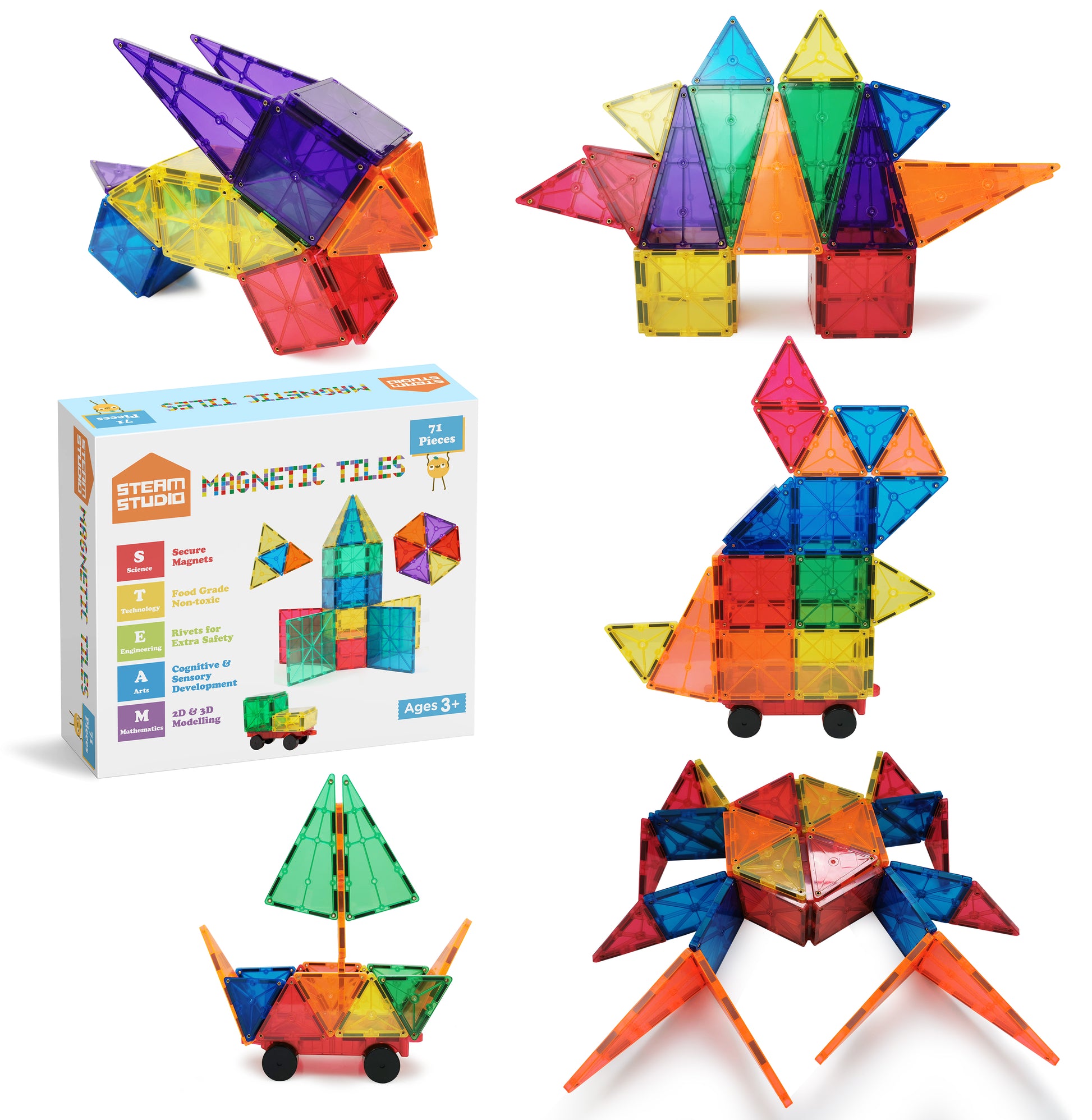 STEAM STUDIO Magnetic Tiles 71pcs set, including 1 car - STEAM STUDIO TOYS