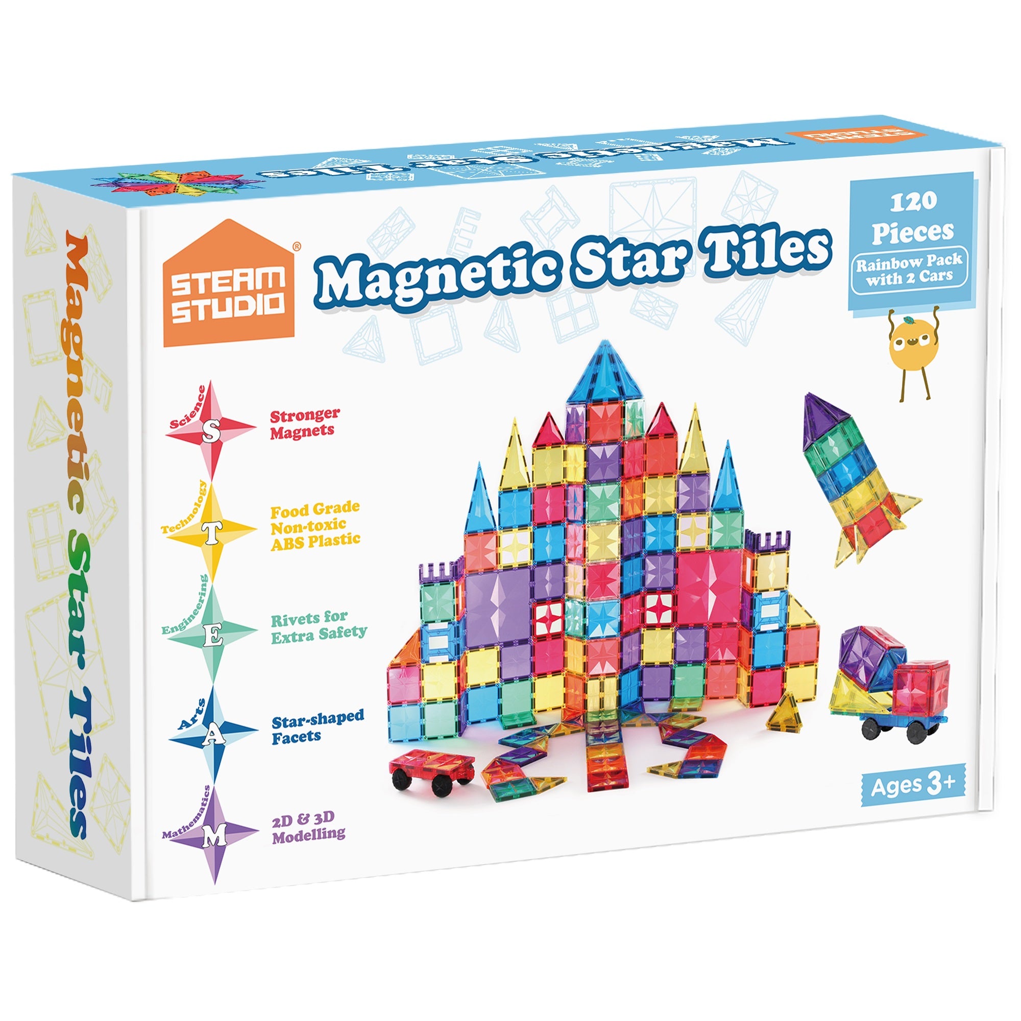 STEAM STUDIO Premium Magnetic Tiles 120 Pieces set, Rainbow Colours & Star Facets