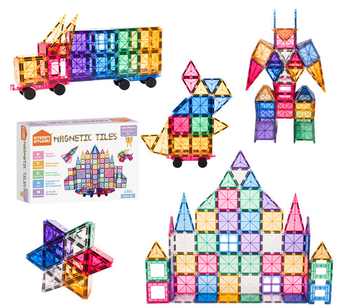 STEAM STUDIO Magnetic Tiles 120pcs PASTEL set, including 2 cars