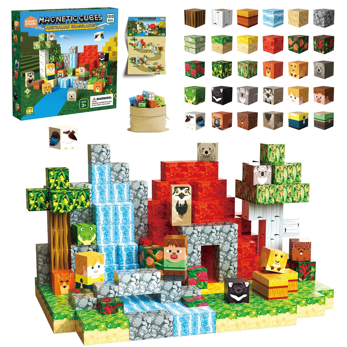 Magnetic Blocks 100 PCS Set - Australian Nature & Fauna Theme - Steam Studio Toys