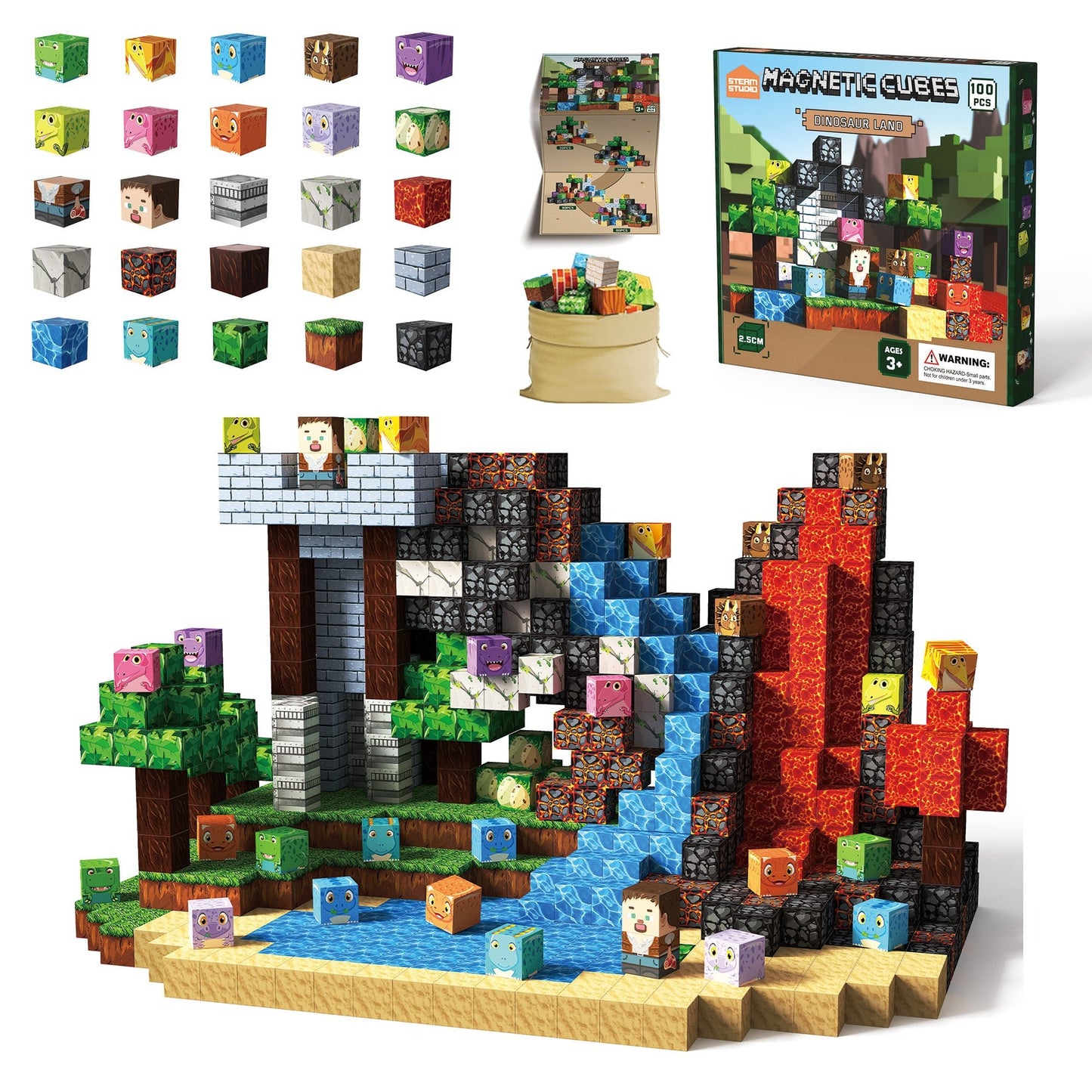 Magnetic Blocks 100 PCS Set - Dinosaur Land Theme - Steam Studio Toys