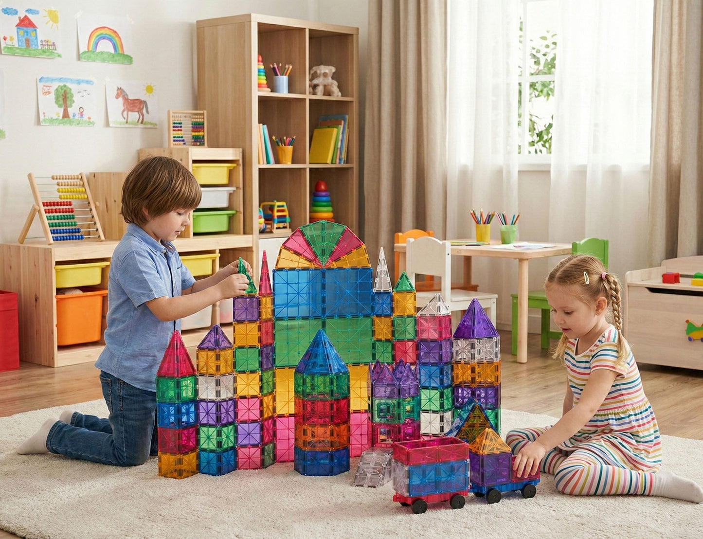 STEAM STUDIO Magnetic Tiles 120pcs PASTEL set, including 2 cars - Steam Studio Toys