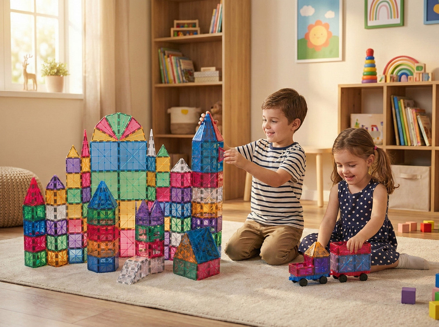 STEAM STUDIO Magnetic Tiles 120pcs PASTEL set, including 2 cars - Steam Studio Toys