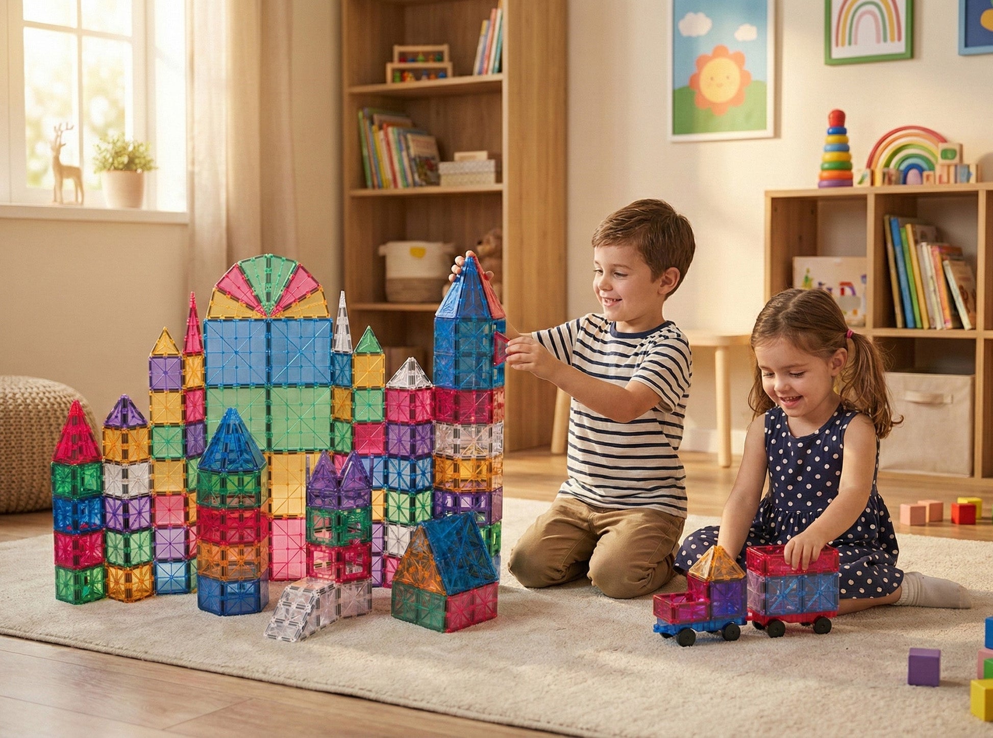 STEAM STUDIO Magnetic Tiles 120pcs PASTEL set, including 2 cars - Steam Studio Toys