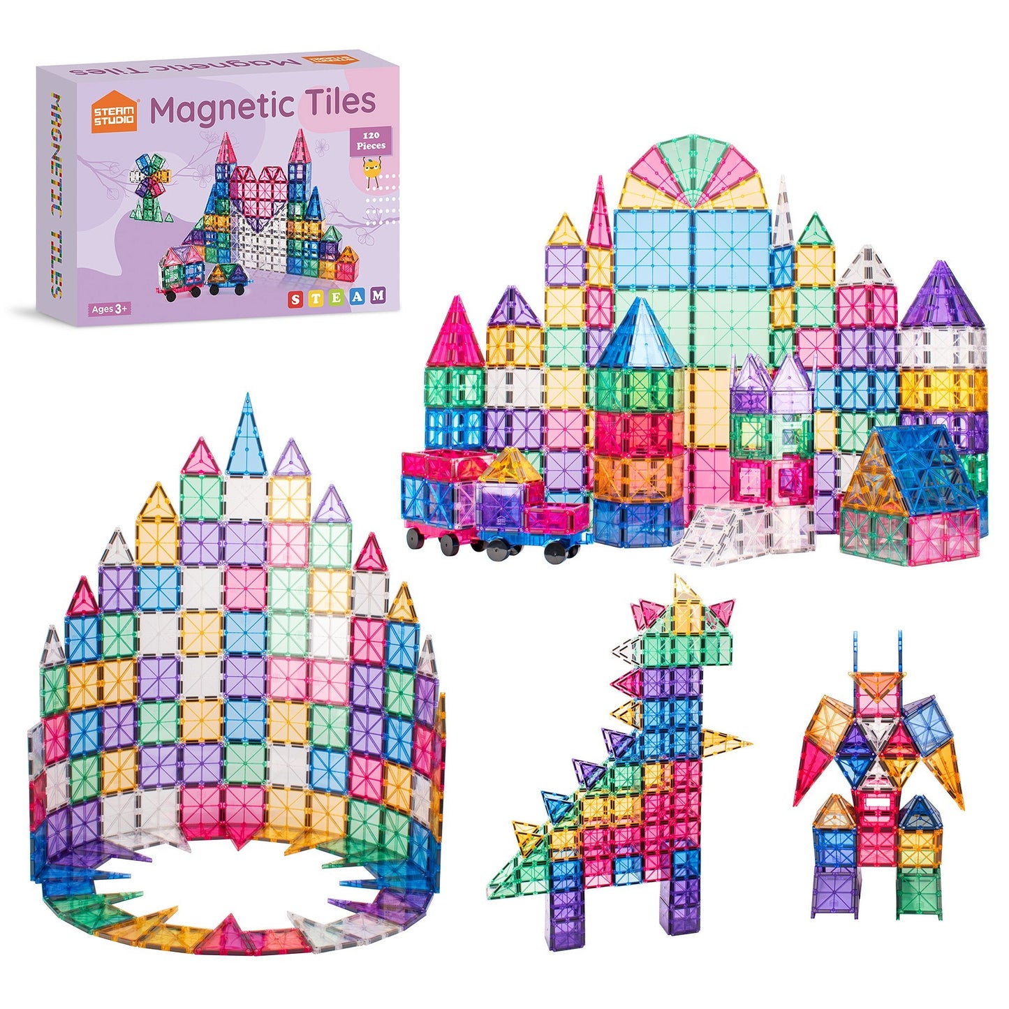 STEAM STUDIO Magnetic Tiles 120pcs PASTEL set, including 2 cars - Steam Studio Toys
