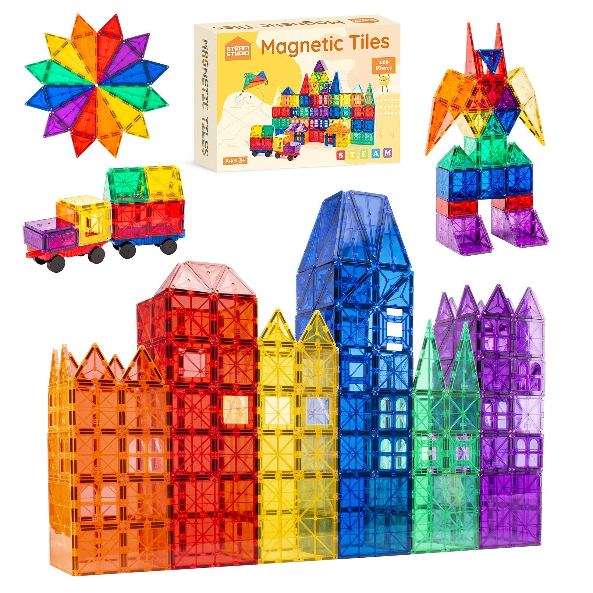 STEAM STUDIO Magnetic Tiles 120pcs set, including 2 cars - Steam Studio Toys