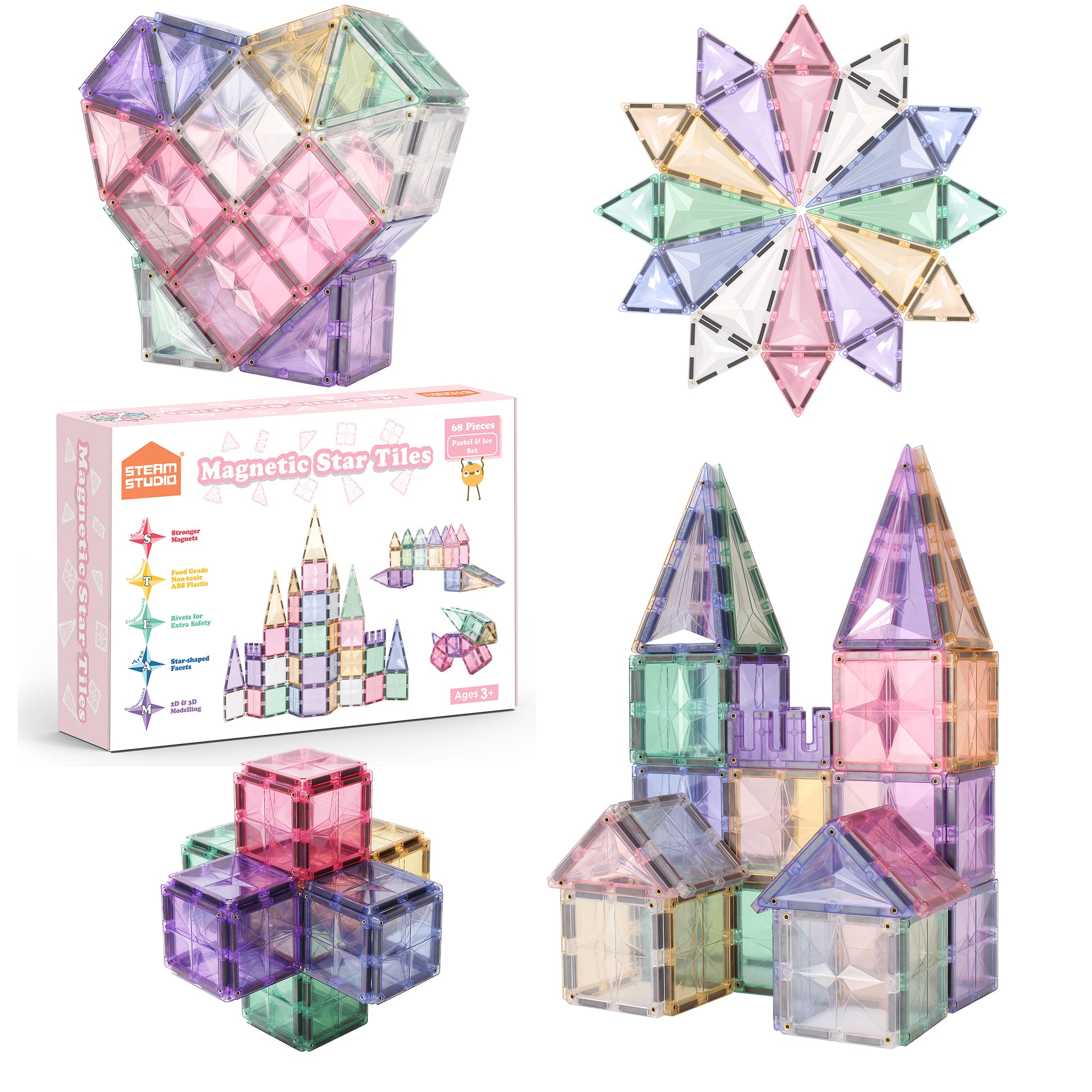 STEAM STUDIO Premium Magnetic Tiles 68pcs set, Pastel and Ice Set Star Facets