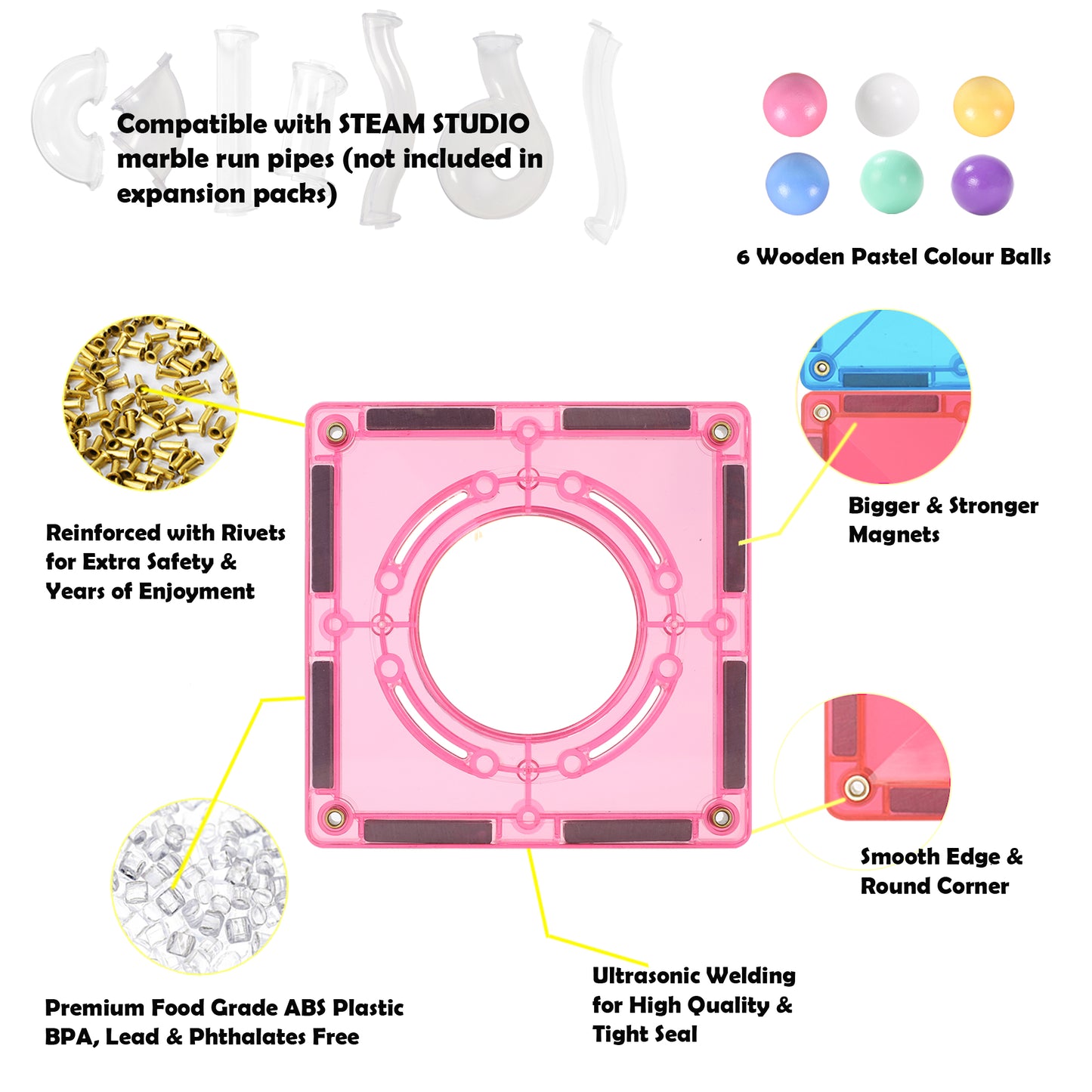 STEAM STUDIO Magnetic Tiles Marble Run 36 pcs Expansion Set - Pastel colours - STEAM STUDIO TOYS
